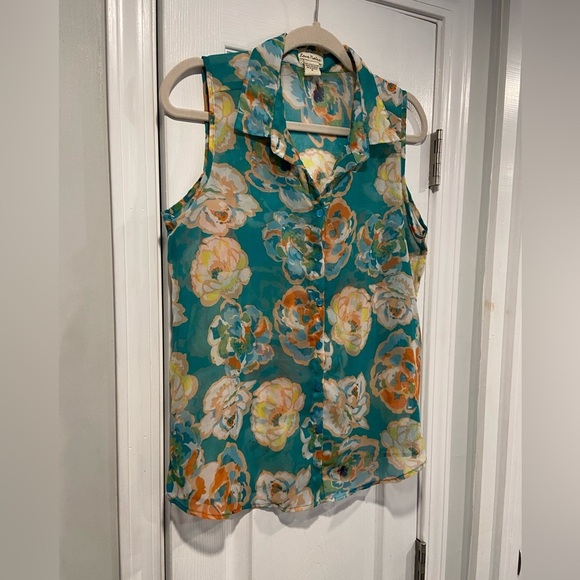 Love Notes Size S Turquoise Floral Sheer Button Down Sleeveless Top - Picture 2 of 9